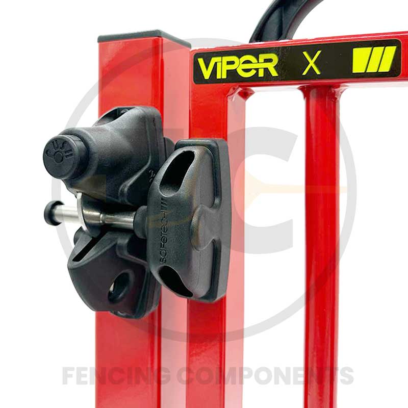 Safetech Viper gate latch fitted to a red steel gate frame