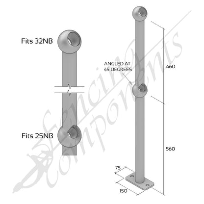 Ball Fence Rail Stanchion - Through Post 45 Degree Surface Mounted (Fits 32/25NB)