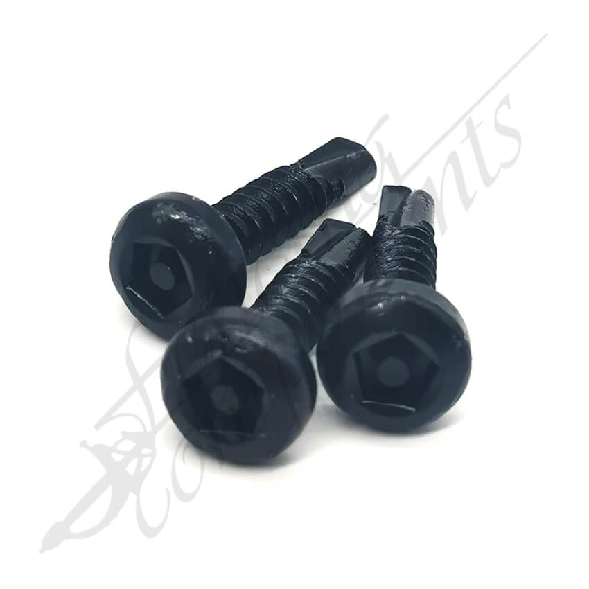 Close-up of a black Pentaforce tamper-proof tek screw head showing the inner pentagon security drive