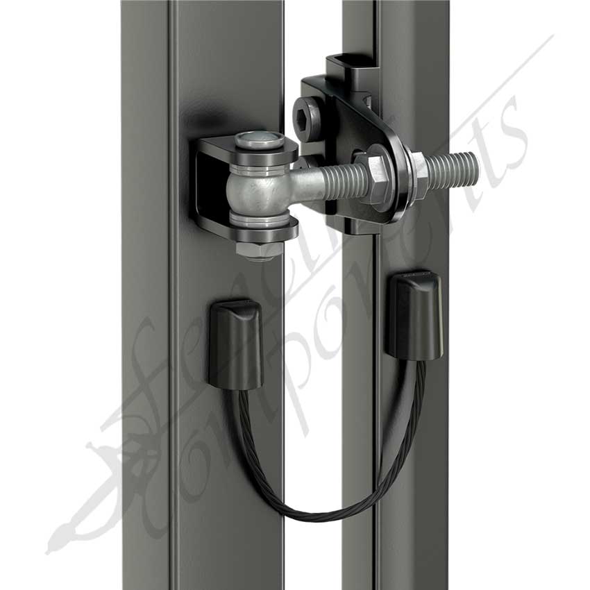 Locinox B-Safe stainless steel gate safety cable fitted between a swing gate frame and post beside the hinge
