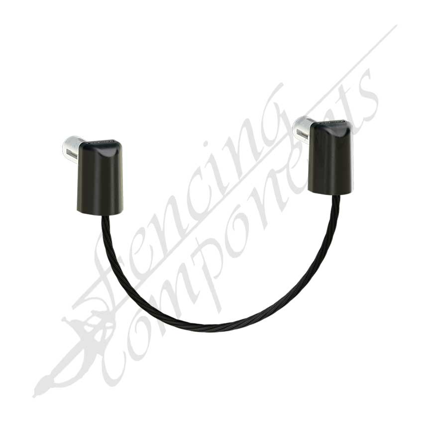 Swing gate safety cable installed below the top hinge to restrain the gate if the hinge breaks