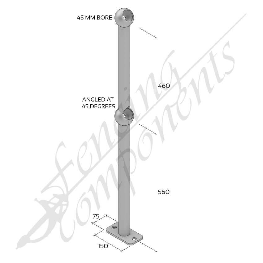 Ball Fence Rail Stanchion - Through Post 45 Degree Surface Mounted (Fits 32/25NB)