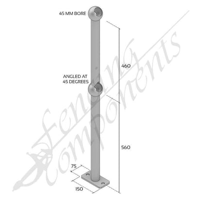 Ball Fence Rail Stanchion - Through Post 45 Degree Surface Mounted (Fits 32/25NB)