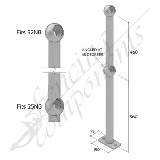 Ball Fence Rail Stanchion - Through Post 45 Degree Surface Mounted (Fits 32/25NB)